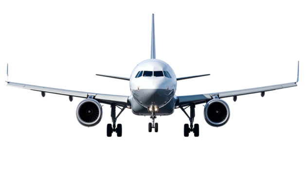 Front view of a passenger jet in flight, focused, clean lines