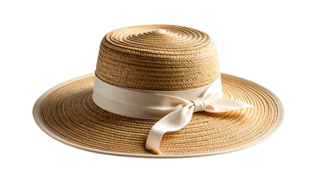 A sun hat made of straw, wide-brimmed with a white ribbon, isolated on black