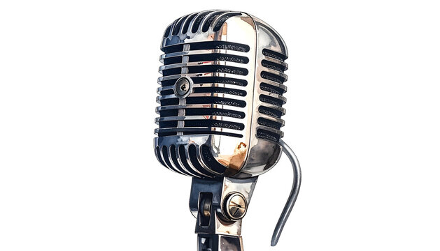 A close-up of a chrome, vintage microphone isolated on a black background