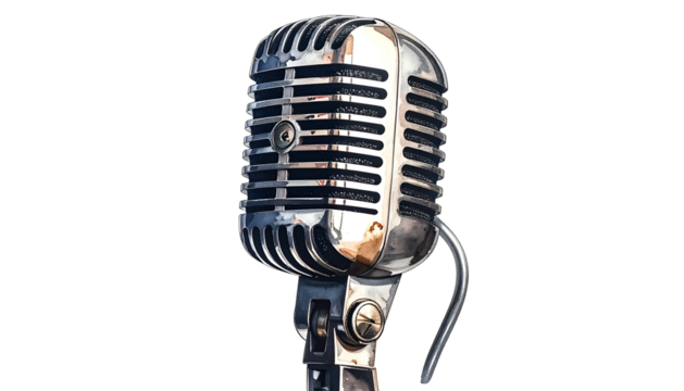 A close-up of a chrome, vintage microphone isolated on a black background