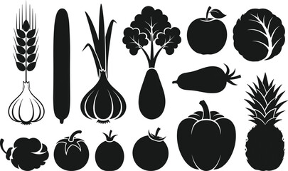 Fruit and vegetable silhouettes collection, healthy food vector illustration, black organic shapes for diet, nutrition, kitchen, culinary, botanical, farming, design themes
