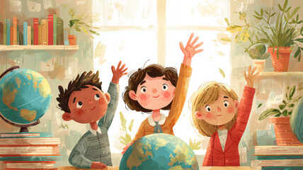 Children of diverse backgrounds raising hands in classroom with globe, joyful illustration symbolizing International Day of Education, global learning, and inclusive academic development