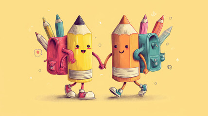 Adorable pencil and backpack characters walking hand in hand, creative vector celebrating International Day of Education and joyful back-to-school learning spirit.