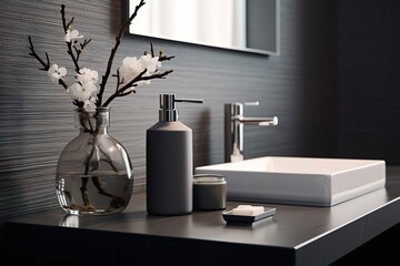 Dark Modern Bathroom Decor with Refillable Bottle and Towel 