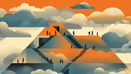 Stylized educational pyramid with people climbing stairs symbolizing learning progress, success, and empowerment for International Day of Education and global academic advancement.