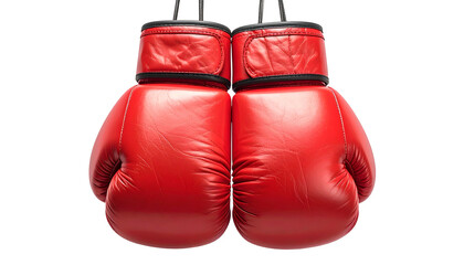 Two red leather fighting gloves hanging side-by-side against a stark black background