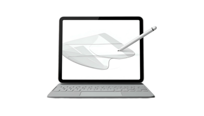 A tablet with keyboard and stylus, showcasing digital writing on a white screen