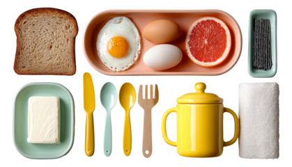 Breakfast Essentials Featuring Eggs, Toast, Grapefruit, and Cutlery in Bright Colors