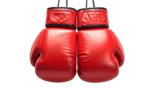 Two red leather fighting gloves hanging side-by-side against a stark black background