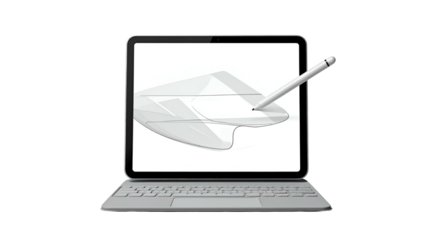A tablet with keyboard and stylus, showcasing digital writing on a white screen