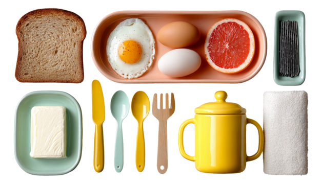 Breakfast Essentials Featuring Eggs, Toast, Grapefruit, and Cutlery in Bright Colors