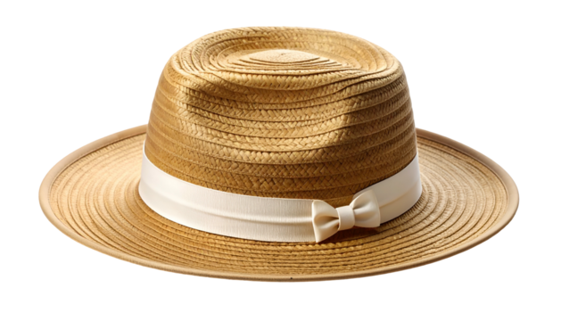 A tan, woven hat with a white band tied in a bow, set against a transparent background