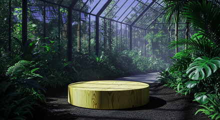 Old wooden house interior features a Christmas tree in a barrel, contrasting with the outdoor nature of a summer garden