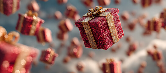 flying red and gold gift boxes with ribbons and ornaments for a festive christmas or birthday celebration on a clean white background.