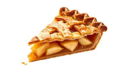 A close-up of a slice of warm apple pie with a golden, lattice crust