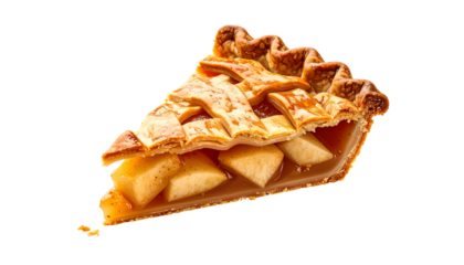 A close-up of a slice of warm apple pie with a golden, lattice crust