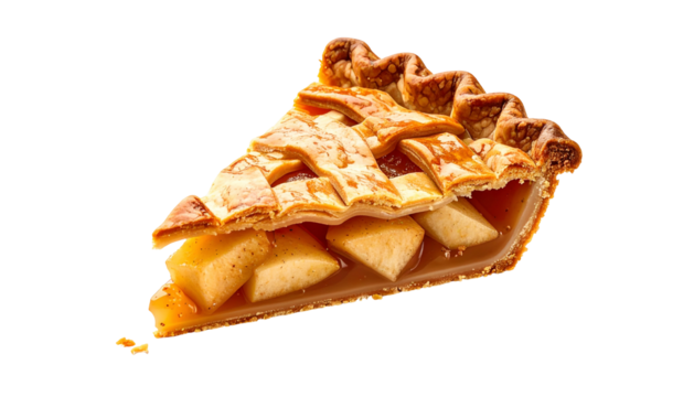 A close-up of a slice of warm apple pie with a golden, lattice crust