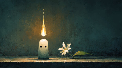 Symbolic candle with glowing flame beside white flower, minimalist tribute illustration representing remembrance, grief, and hope for International Holocaust Remembrance Day.