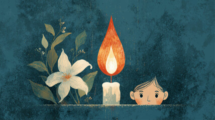 Illustration of child watching candle flame beside white lily, symbolizing remembrance, empathy, and intergenerational hope for International Holocaust Remembrance Day educational awareness.