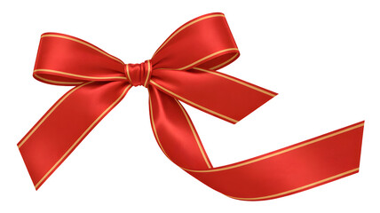 Elegant red satin ribbon bow with golden trim for gift wrapping and festive decoration isolated on transparent background