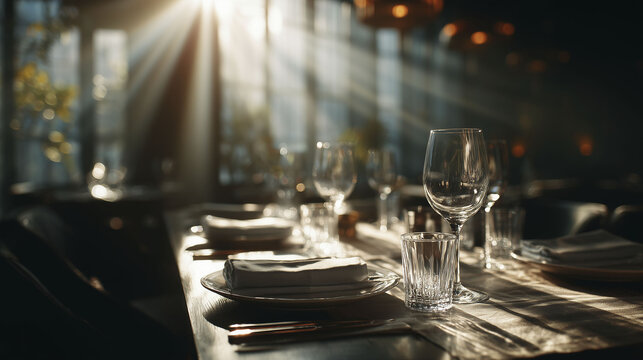 A dining table set with plates, glasses, and utensils catches soft light from large windows. The scene conveys a calm atmosphere with reflections. The image highlights table, light, and glasses.