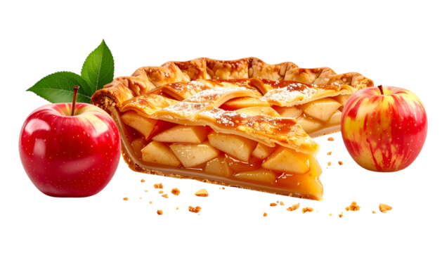 A golden apple pie slice with apples and leaves, on a black background