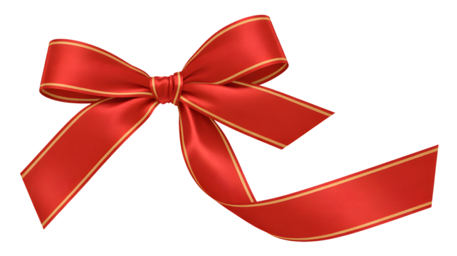 Elegant red satin ribbon bow with golden trim for gift wrapping and festive decoration isolated on transparent background