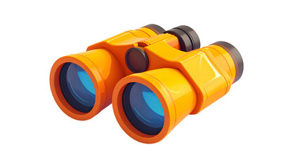 Cartoon binoculars, bright orange and black, with blue lenses, isolated on a dark background