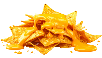 Golden tortilla chips piled with melted, vibrant, creamy cheese. Close-up, bright and delicious