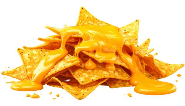 Golden tortilla chips piled with melted, vibrant, creamy cheese. Close-up, bright and delicious