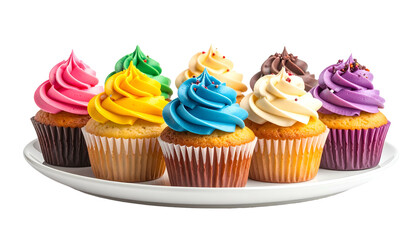 Vibrant frosted cupcakes on a white plate against black. Various colors, closeup