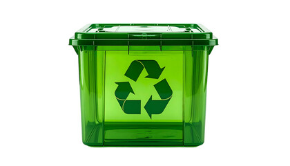 A translucent green container with a recycling symbol on it, against a black background
