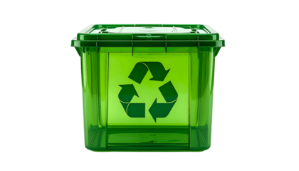 A translucent green container with a recycling symbol on it, against a black background