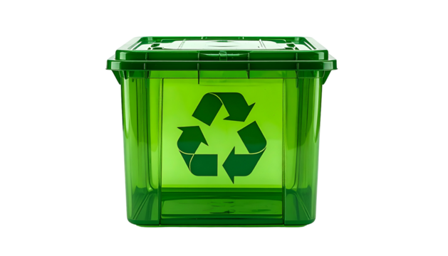 A translucent green container with a recycling symbol on it, against a black background