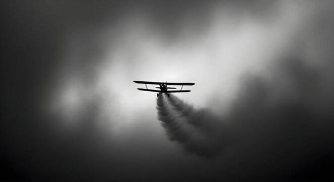 Vintage Biplane Soaring Through Smoky Skies A Dramatic Black and White Image.