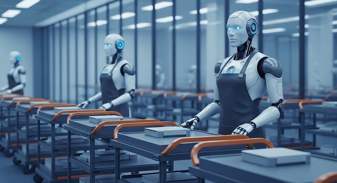 Advanced humanoid robots working on an automated assembly line in a modern futuristic factory setting
