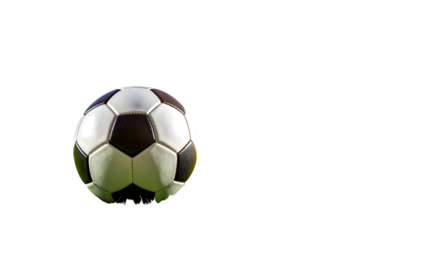 A detailed image of a soccer ball resting on green grass against a black background