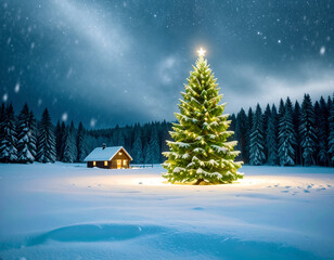 Forest Cabin and Golden Tree in a Peaceful Scene