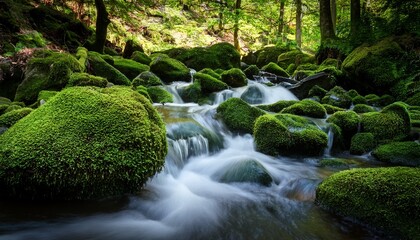 forest stream cascading over mossy rocks