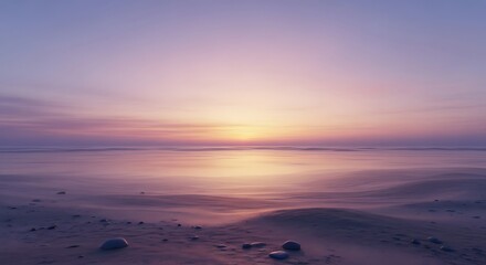 Serene ocean horizon at dawn with soft pastel pink and purple sky reflecting on calm water surface