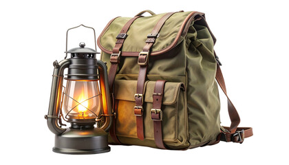 A classic camping scene with a lit lantern next to a sturdy, green backpack