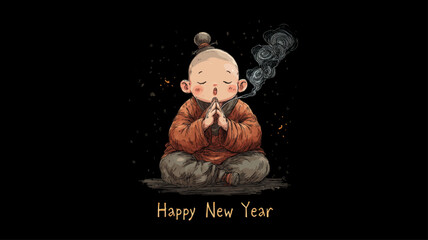 Cute meditating monk with incense smoke and Happy New Year text on black background, symbolic Mahayana New Year vector celebrating peace, mindfulness, and spiritual renewal.