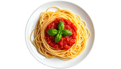 Overhead view of a white plate with spaghetti, red sauce, and basil leaves