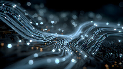 Futuristic circuit board wires in light blue on dark navy technology background. Artificial Intelligence banner concept. Abstract AI tech bg. Digital line pattern.