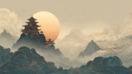Elegant temple on misty mountain at sunrise surrounded by swirling clouds, peaceful vector illustration celebrating Mahayana New Year, mindfulness, spirituality, and enlightenment.