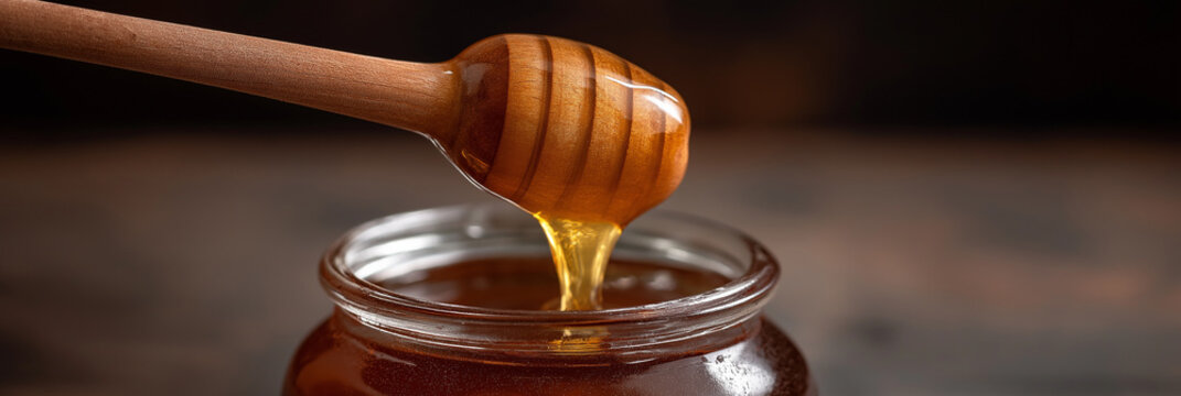 A close-up shot of honey being drizzled from a wooden dipper into a glass jar showcasing its rich texture and golden color that captivates the viewer's attention.