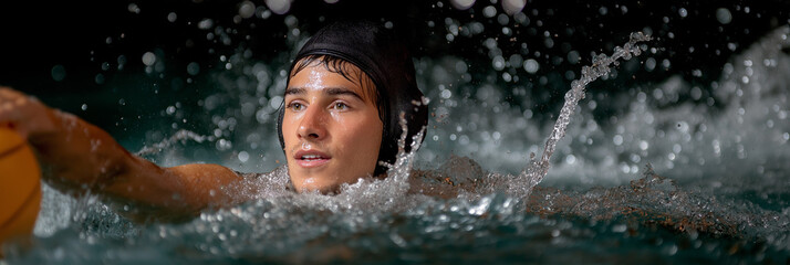 Fototapeta premium A water polo player skillfully swims and competes in a dynamic scene, showcasing athleticism and determination in a splash of water emphasizing the intensity of the sport.