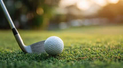 Golf club ready to strike a ball on lush grass as the sun sets creating a peaceful scene.