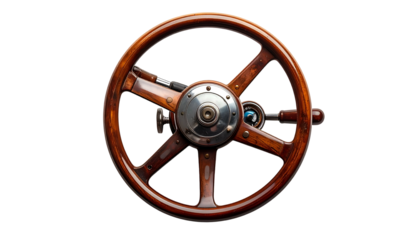 Overhead view of a classic wooden boat steering wheel with metal accents, centered