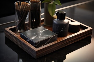 Dark Grey Marble Top with Bamboo Tray of Black Soaps and Brushes